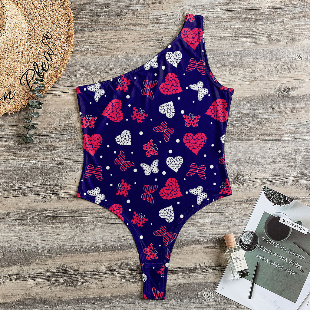 Girly Heart And Butterfly Pattern Print One Shoulder Bodysuit