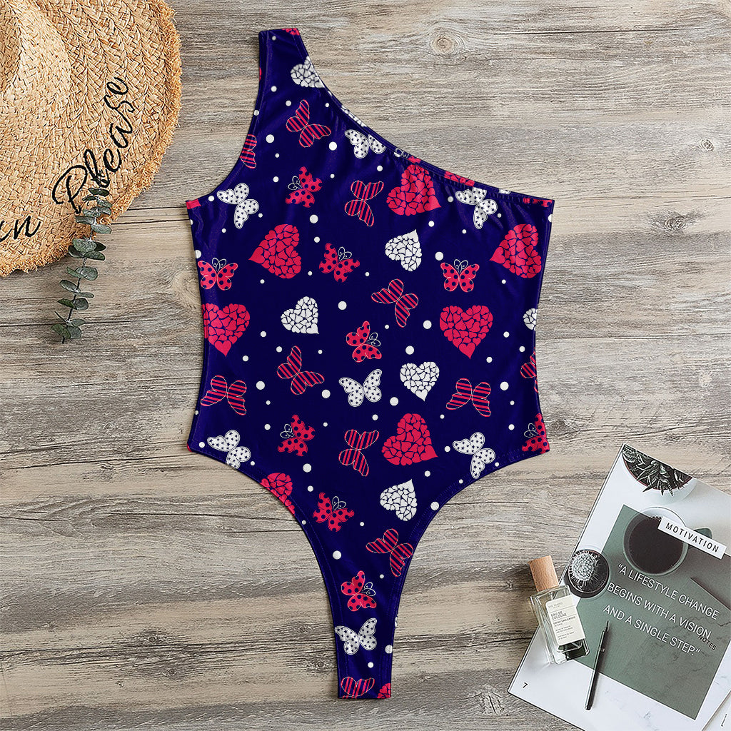 Girly Heart And Butterfly Pattern Print One Shoulder Bodysuit