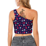 Girly Heart And Butterfly Pattern Print One Shoulder Crop Top