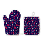 Girly Heart And Butterfly Pattern Print Oven Mitt And Pot Holder Set