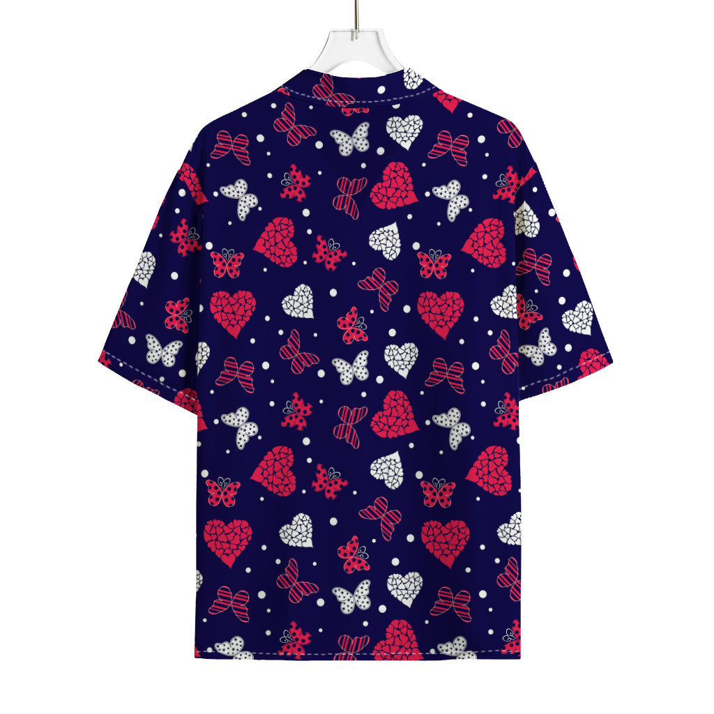 Girly Heart And Butterfly Pattern Print Rayon Hawaiian Shirt