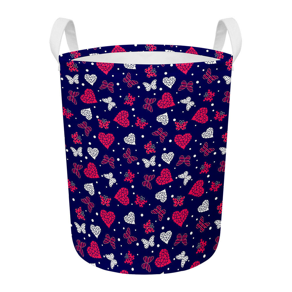 Girly Heart And Butterfly Pattern Print Round Laundry Basket