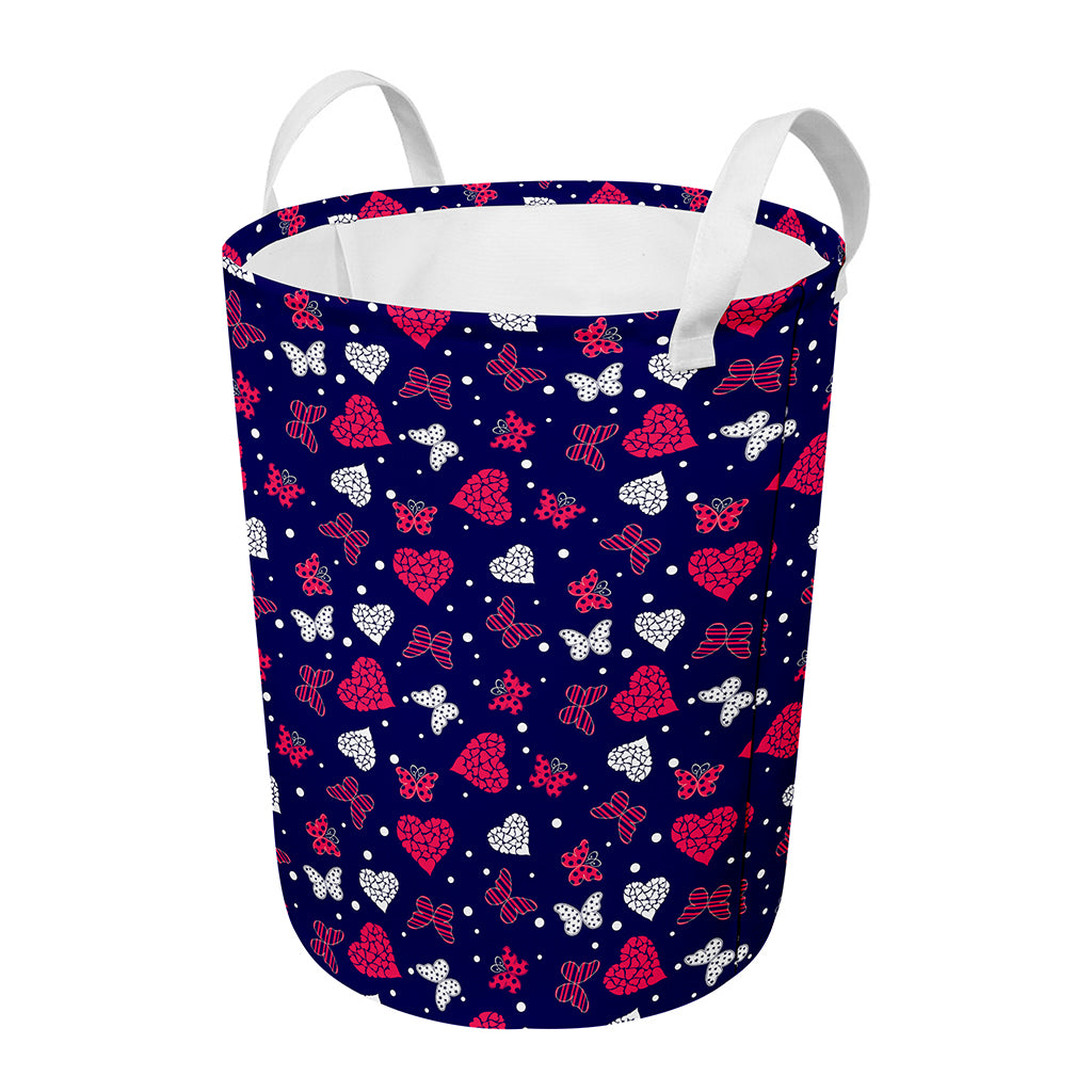 Girly Heart And Butterfly Pattern Print Round Laundry Basket
