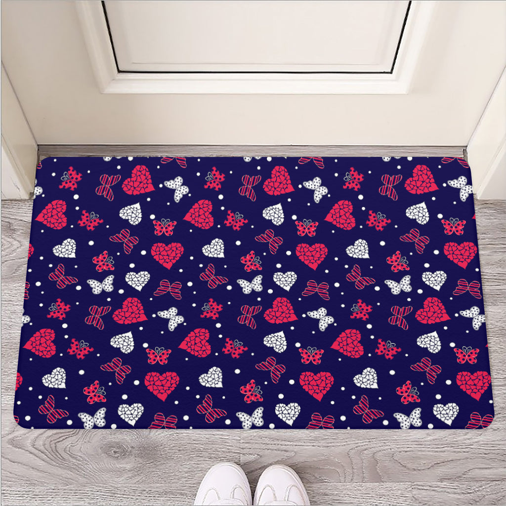 Girly Heart And Butterfly Pattern Print Rubber Doormat