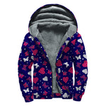 Girly Heart And Butterfly Pattern Print Sherpa Lined Zip Up Hoodie