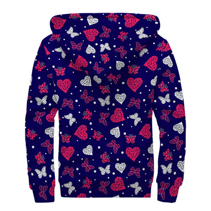 Girly Heart And Butterfly Pattern Print Sherpa Lined Zip Up Hoodie