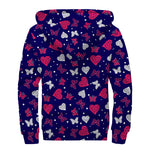 Girly Heart And Butterfly Pattern Print Sherpa Lined Zip Up Hoodie