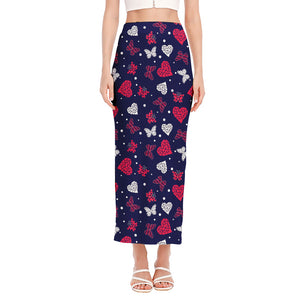 Girly Heart And Butterfly Pattern Print Side Slit Maxi Skirt