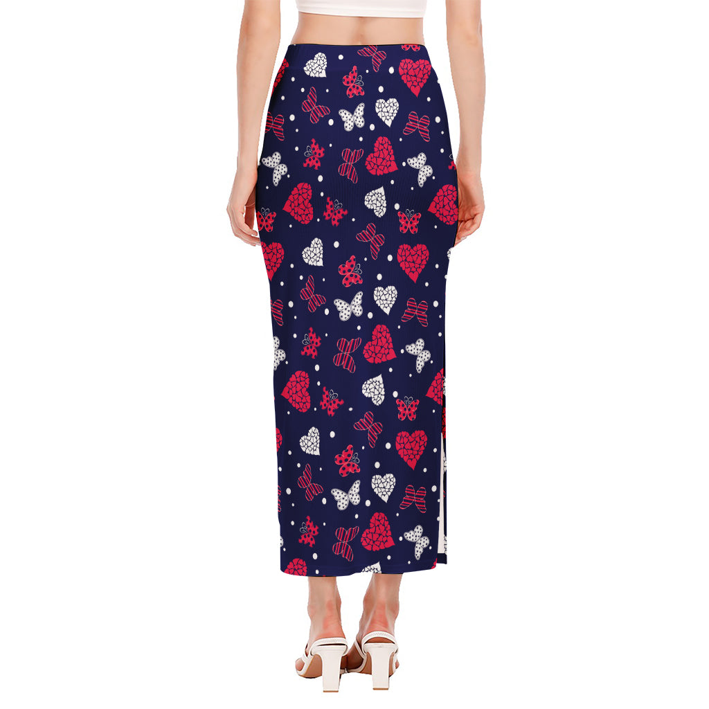 Girly Heart And Butterfly Pattern Print Side Slit Maxi Skirt