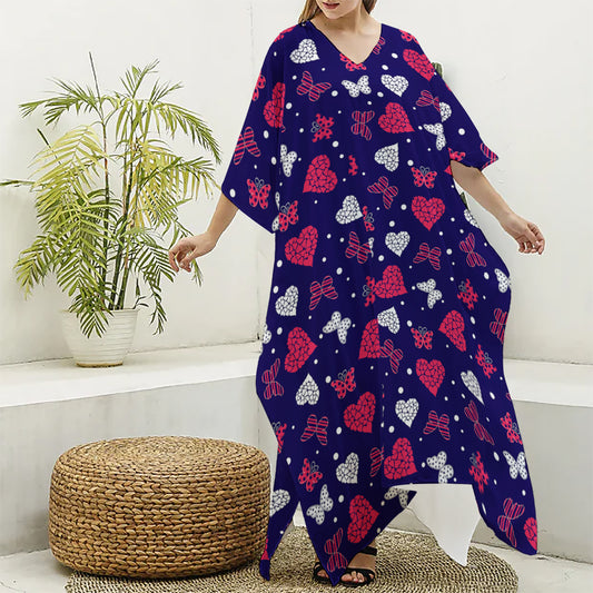 Girly Heart And Butterfly Pattern Print Silk V-Neck Kaftan Dress
