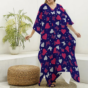 Girly Heart And Butterfly Pattern Print Silk V-Neck Kaftan Dress