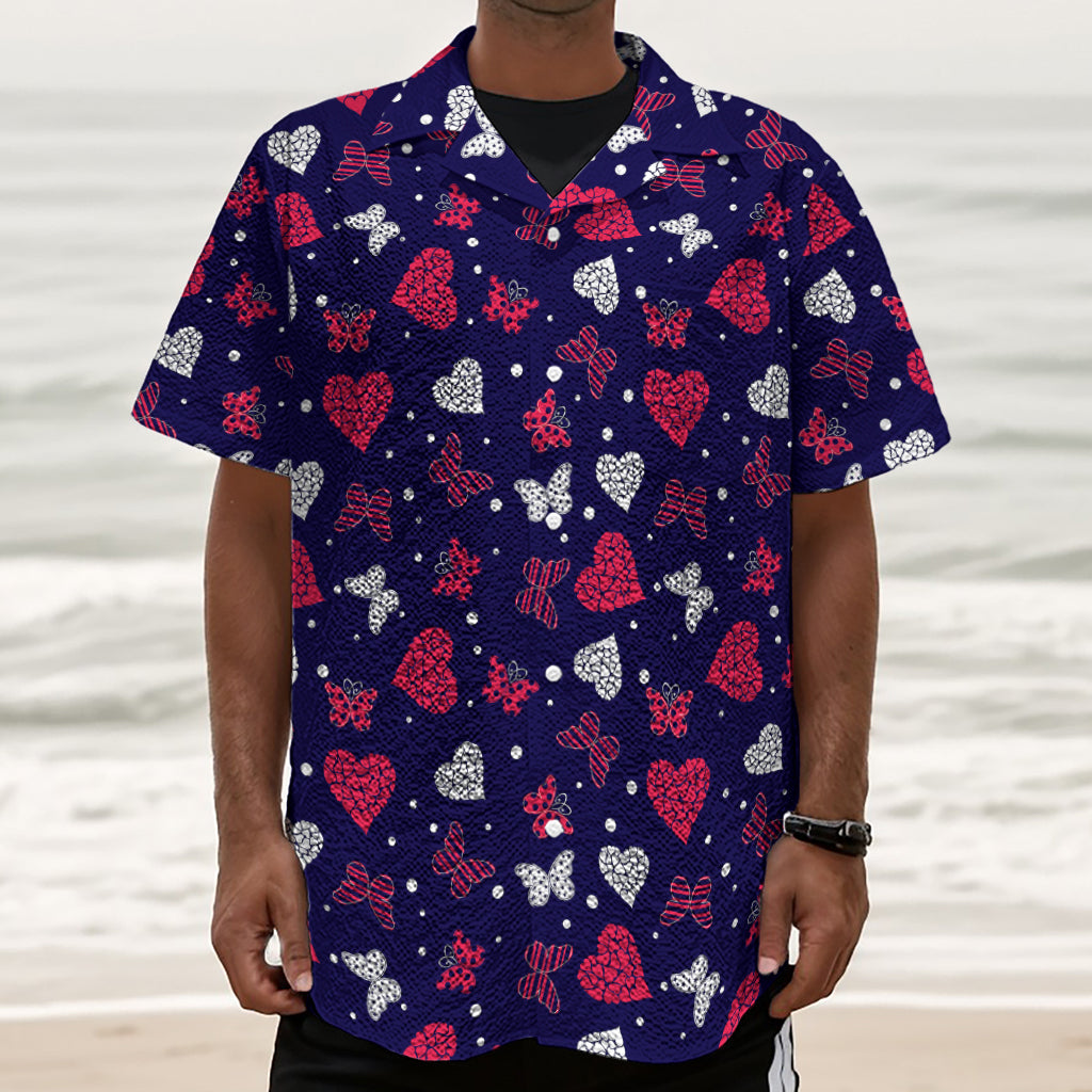 Girly Heart And Butterfly Pattern Print Textured Short Sleeve Shirt