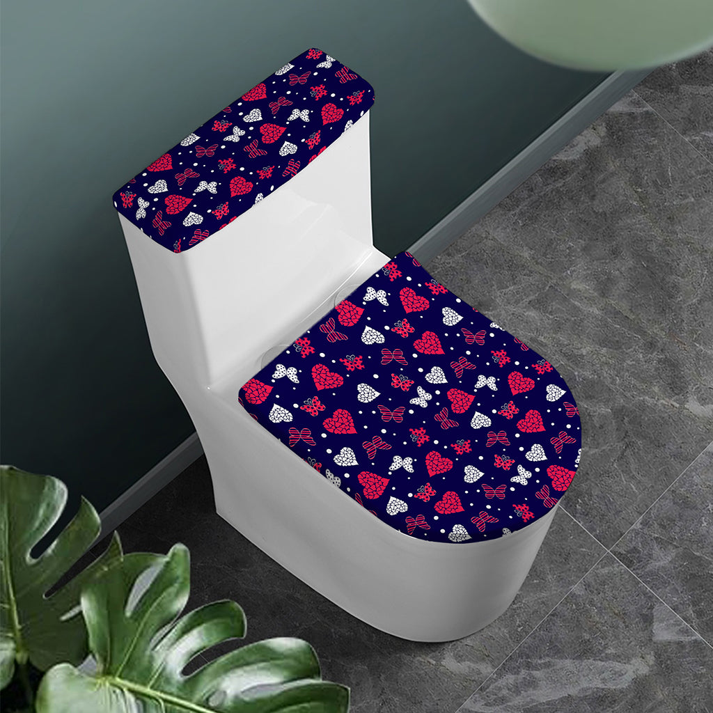 Girly Heart And Butterfly Pattern Print Toilet Lid And Tank Cover Set