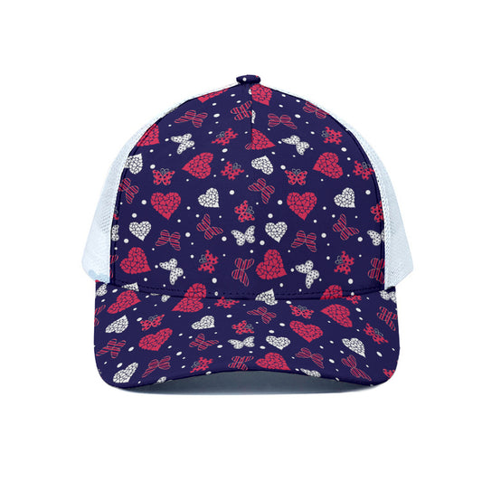 Girly Heart And Butterfly Pattern Print White Mesh Trucker Cap