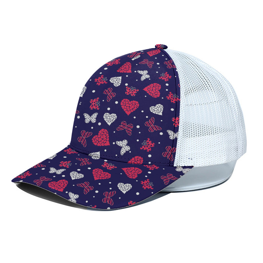 Girly Heart And Butterfly Pattern Print White Mesh Trucker Cap