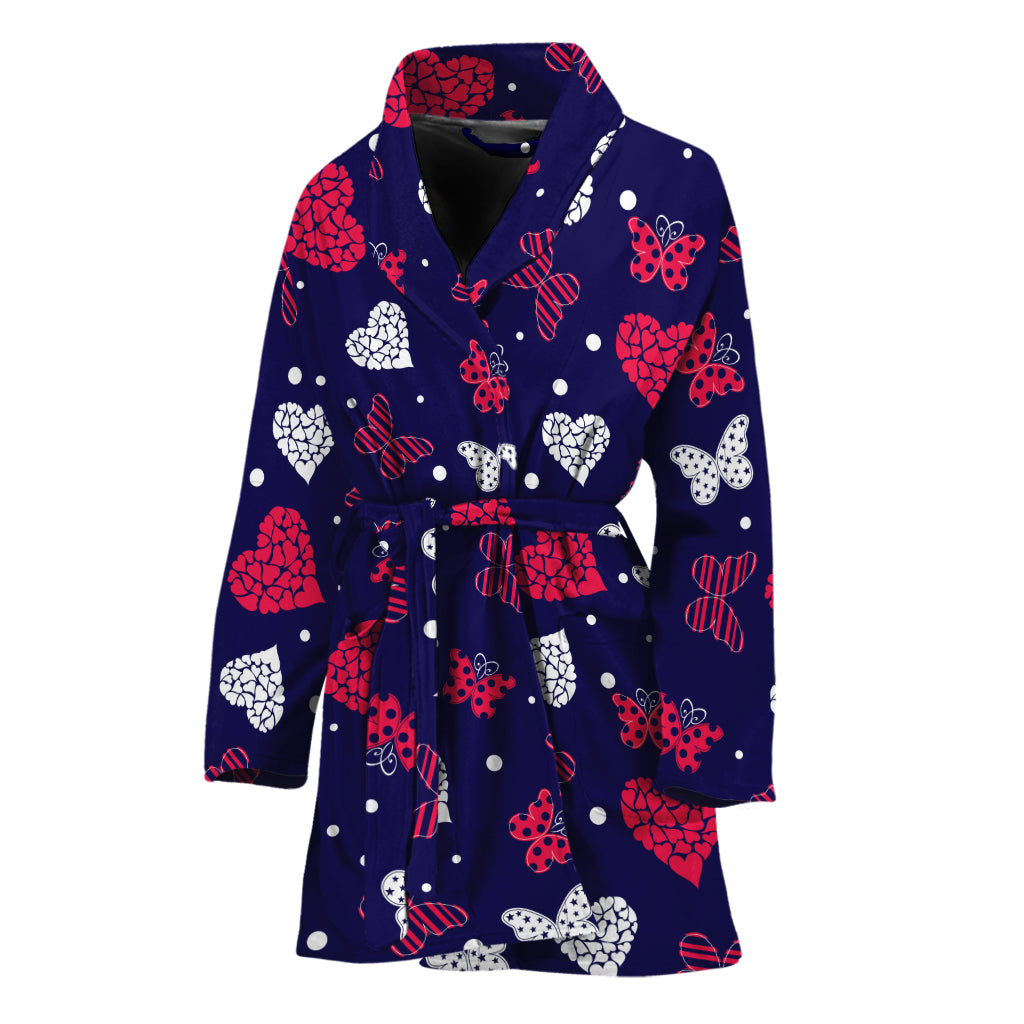 Girly Heart And Butterfly Pattern Print Women's Bathrobe