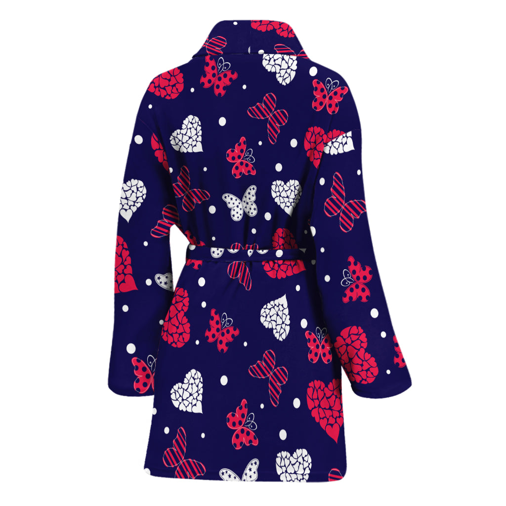 Girly Heart And Butterfly Pattern Print Women's Bathrobe