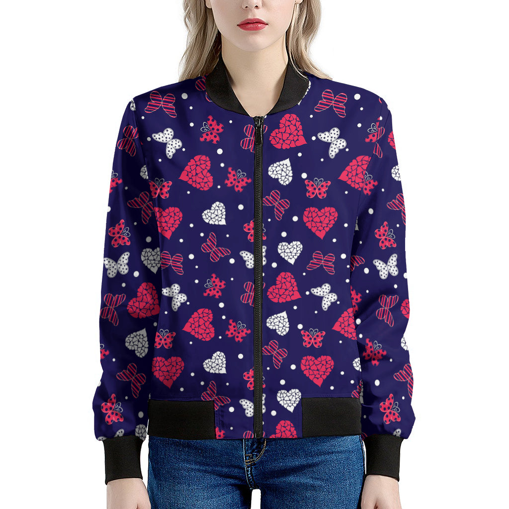 Girly Heart And Butterfly Pattern Print Women's Bomber Jacket