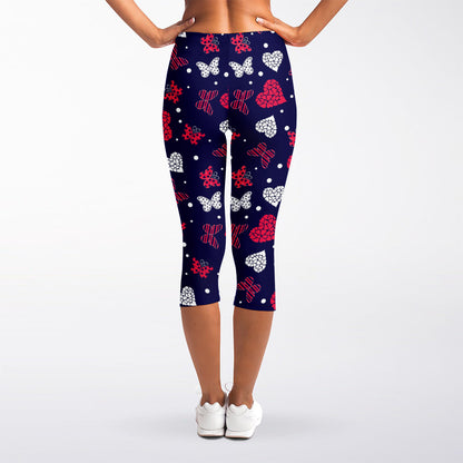 Girly Heart And Butterfly Pattern Print Women's Capri Leggings