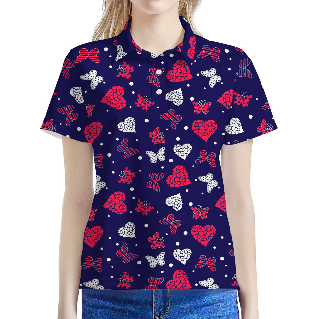 Girly Heart And Butterfly Pattern Print Women's Polo Shirt
