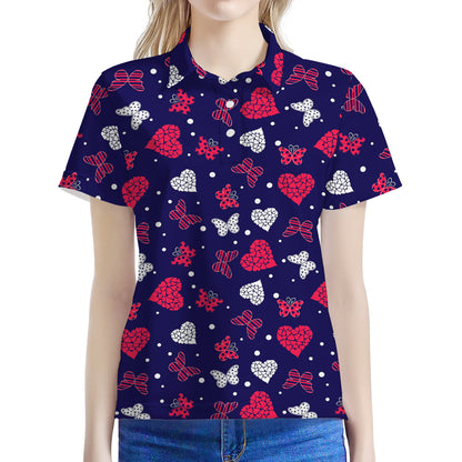Girly Heart And Butterfly Pattern Print Women's Polo Shirt