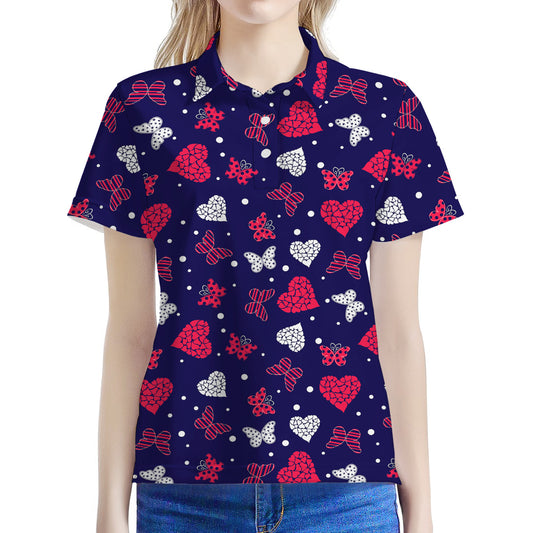 Girly Heart And Butterfly Pattern Print Women's Polo Shirt