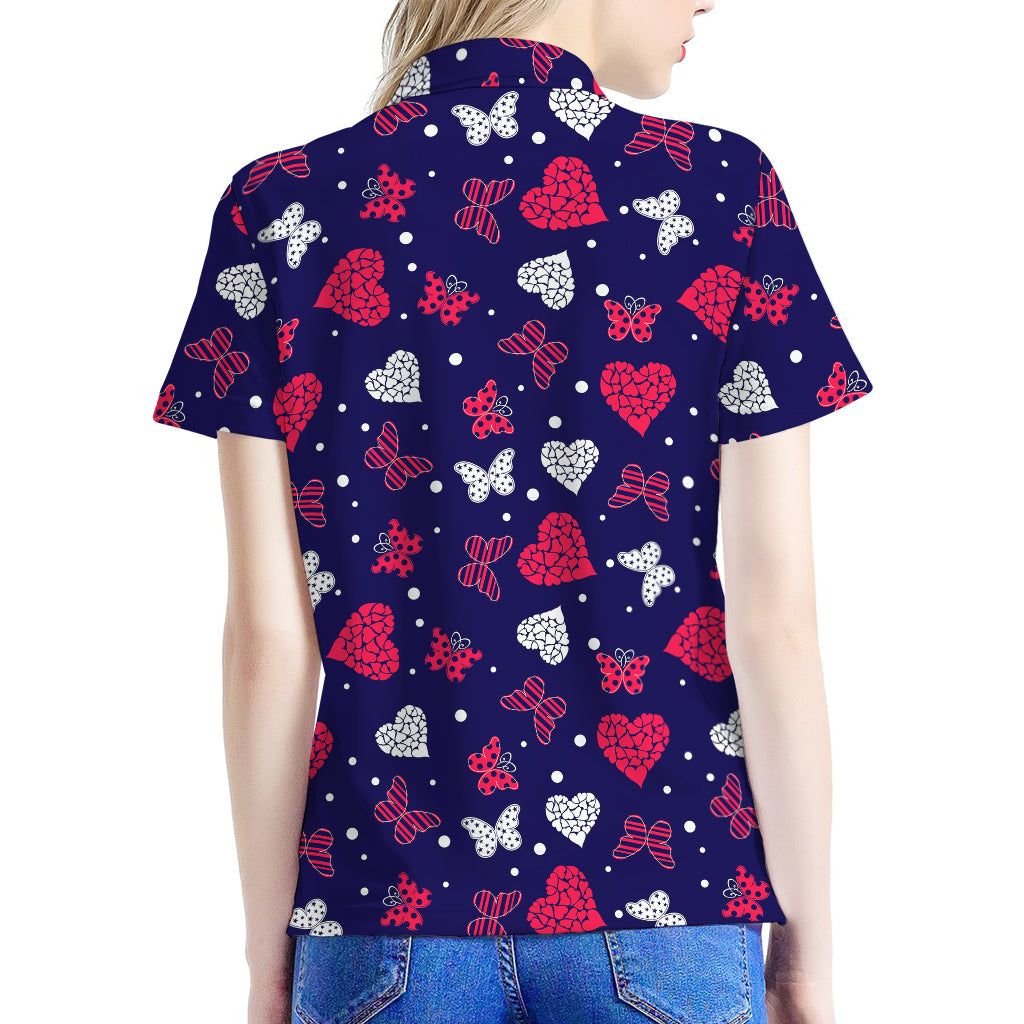 Girly Heart And Butterfly Pattern Print Women's Polo Shirt