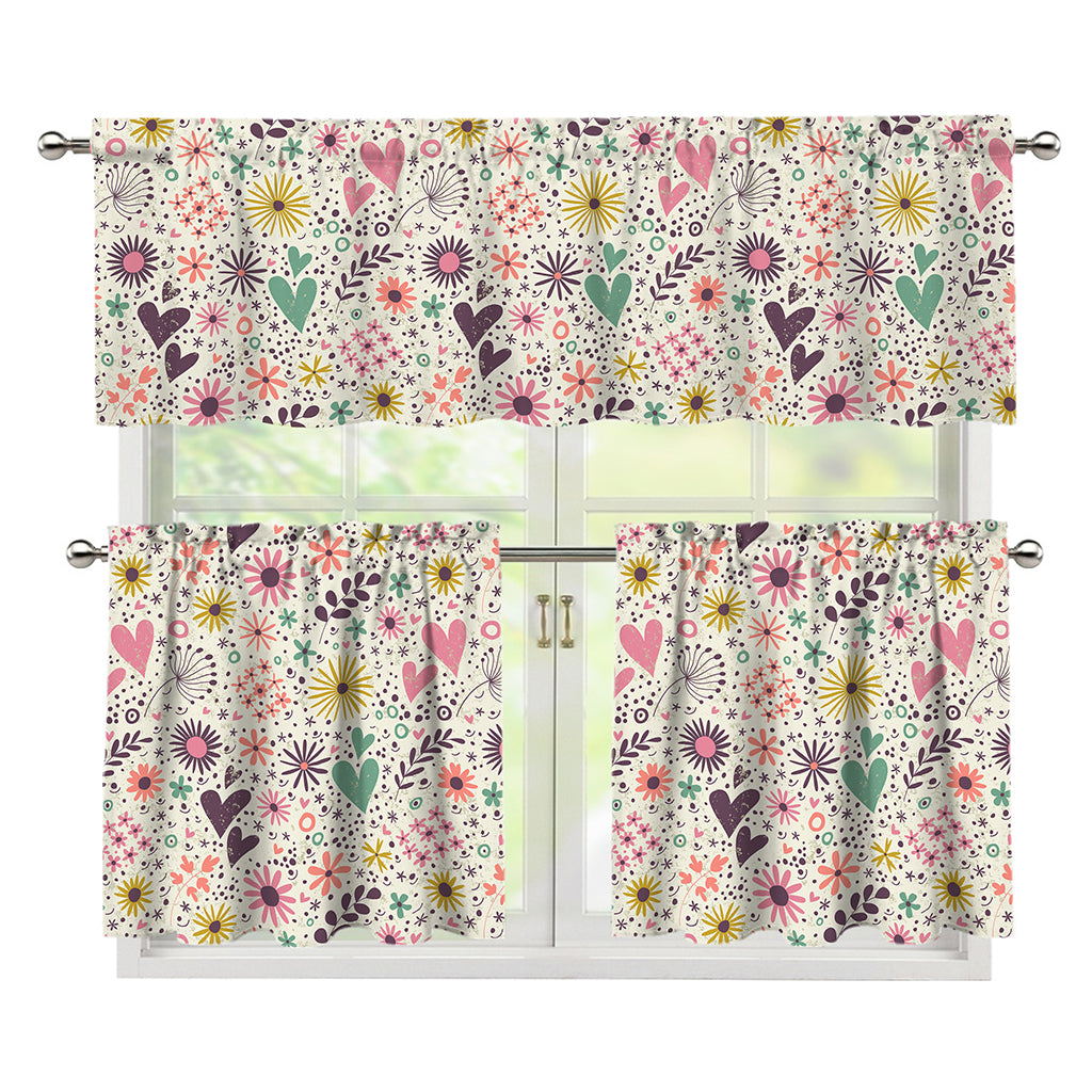 Girly Heart And Flower Pattern Print 3 Piece Kitchen Curtains