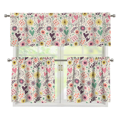 Girly Heart And Flower Pattern Print 3 Piece Kitchen Curtains