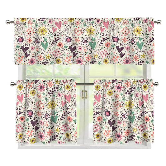Girly Heart And Flower Pattern Print 3 Piece Kitchen Curtains