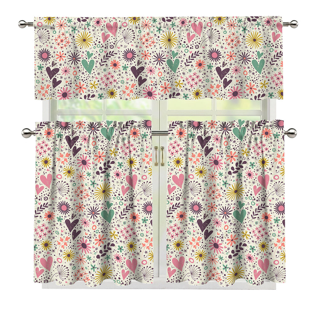 Girly Heart And Flower Pattern Print 3 Piece Kitchen Curtains