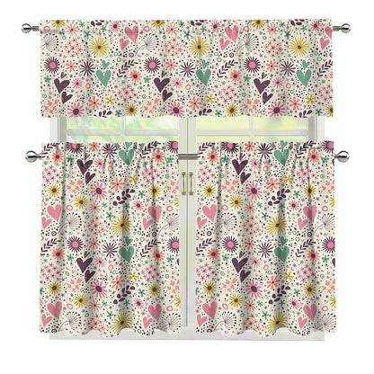 Girly Heart And Flower Pattern Print 3 Piece Kitchen Curtains