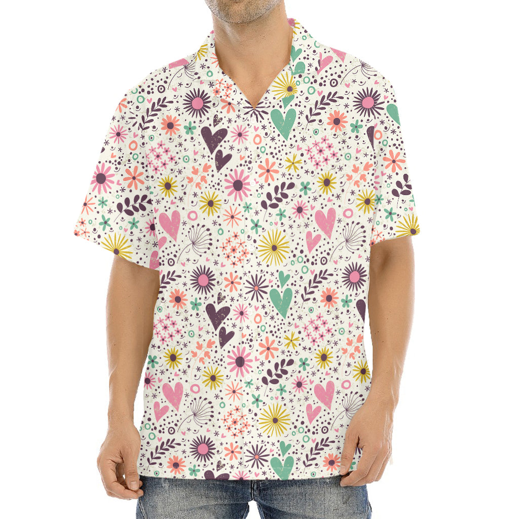 Girly Heart And Flower Pattern Print Aloha Shirt