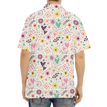 Girly Heart And Flower Pattern Print Aloha Shirt