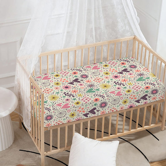 Girly Heart And Flower Pattern Print Baby Crib Sheet