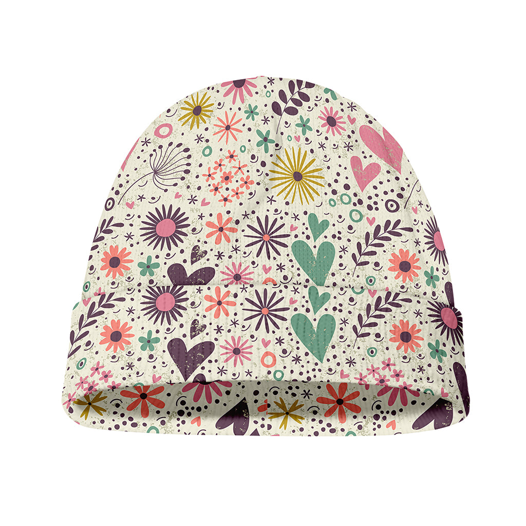 Girly Heart And Flower Pattern Print Beanie