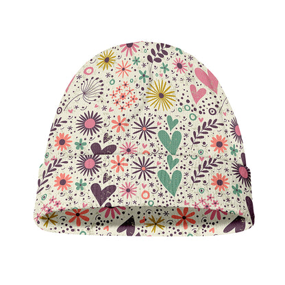Girly Heart And Flower Pattern Print Beanie