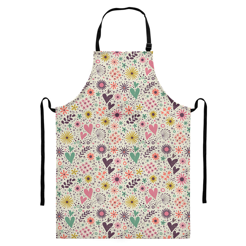 Girly Heart And Flower Pattern Print Bib Apron With Pocket