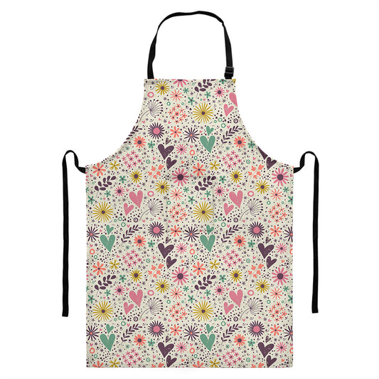 Girly Heart And Flower Pattern Print Bib Apron With Pocket