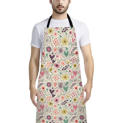 Girly Heart And Flower Pattern Print Bib Apron With Pocket