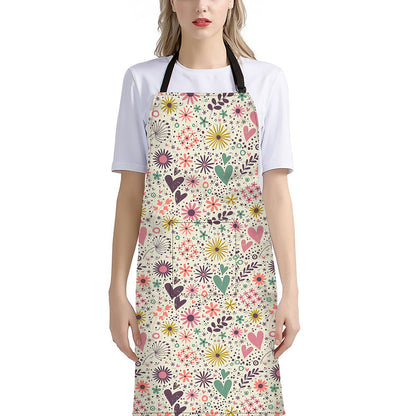 Girly Heart And Flower Pattern Print Bib Apron With Pocket