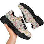 Girly Heart And Flower Pattern Print Black Chunky Shoes