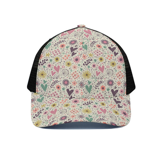 Girly Heart And Flower Pattern Print Black Mesh Trucker Cap
