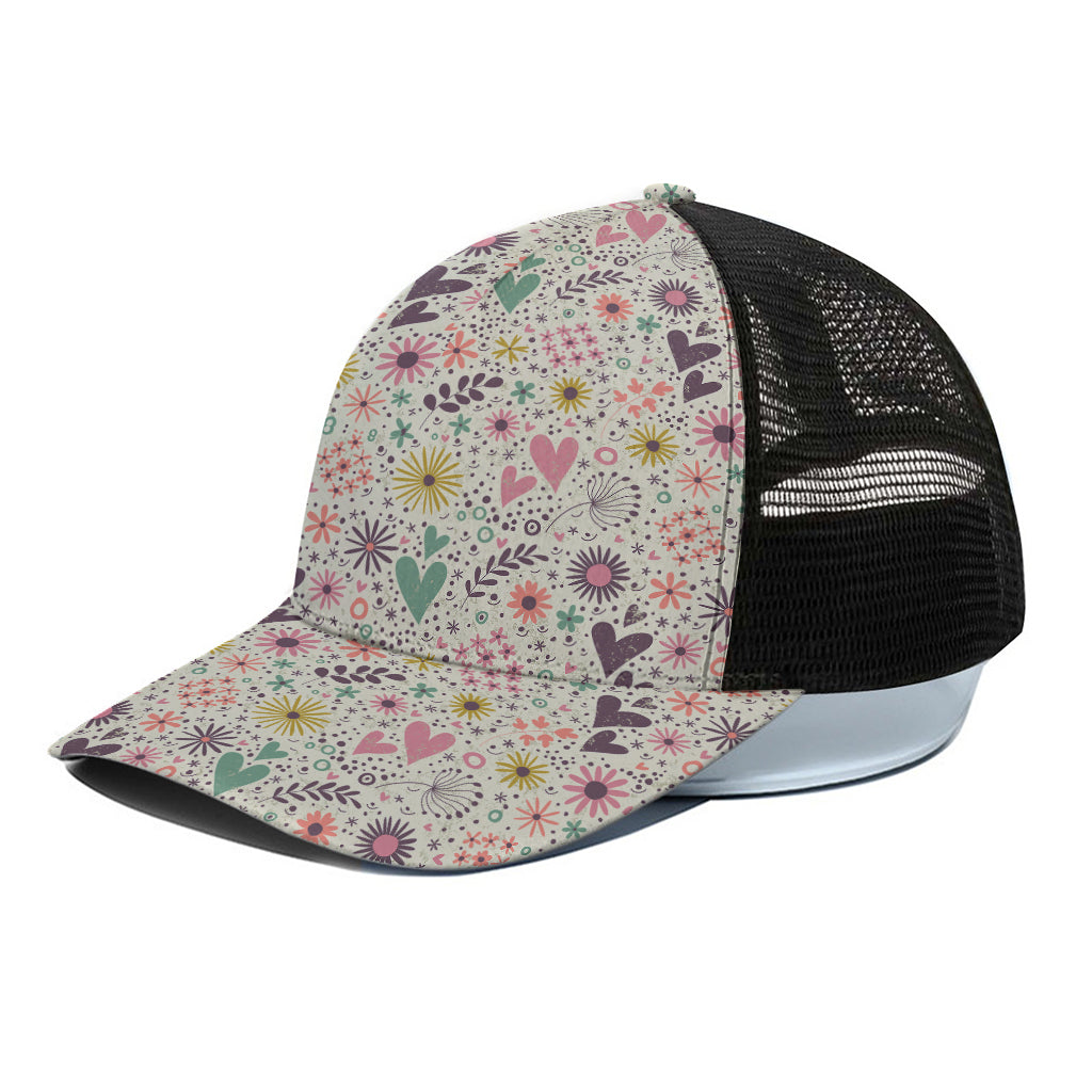 Girly Heart And Flower Pattern Print Black Mesh Trucker Cap