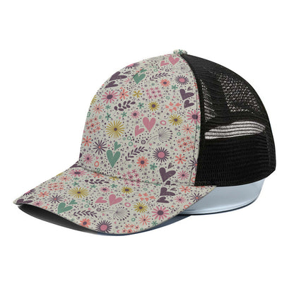 Girly Heart And Flower Pattern Print Black Mesh Trucker Cap