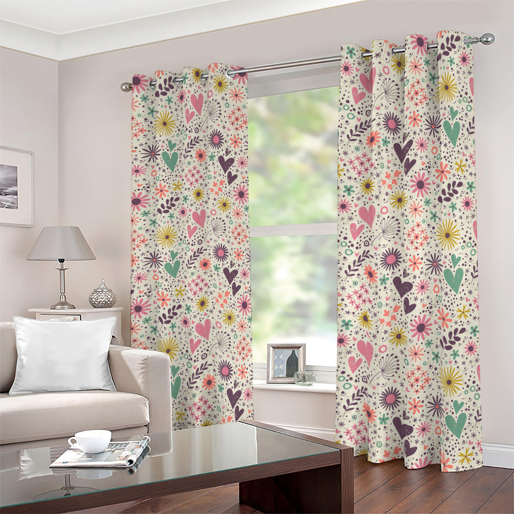 Girly Heart And Flower Pattern Print Blackout Grommet Curtains