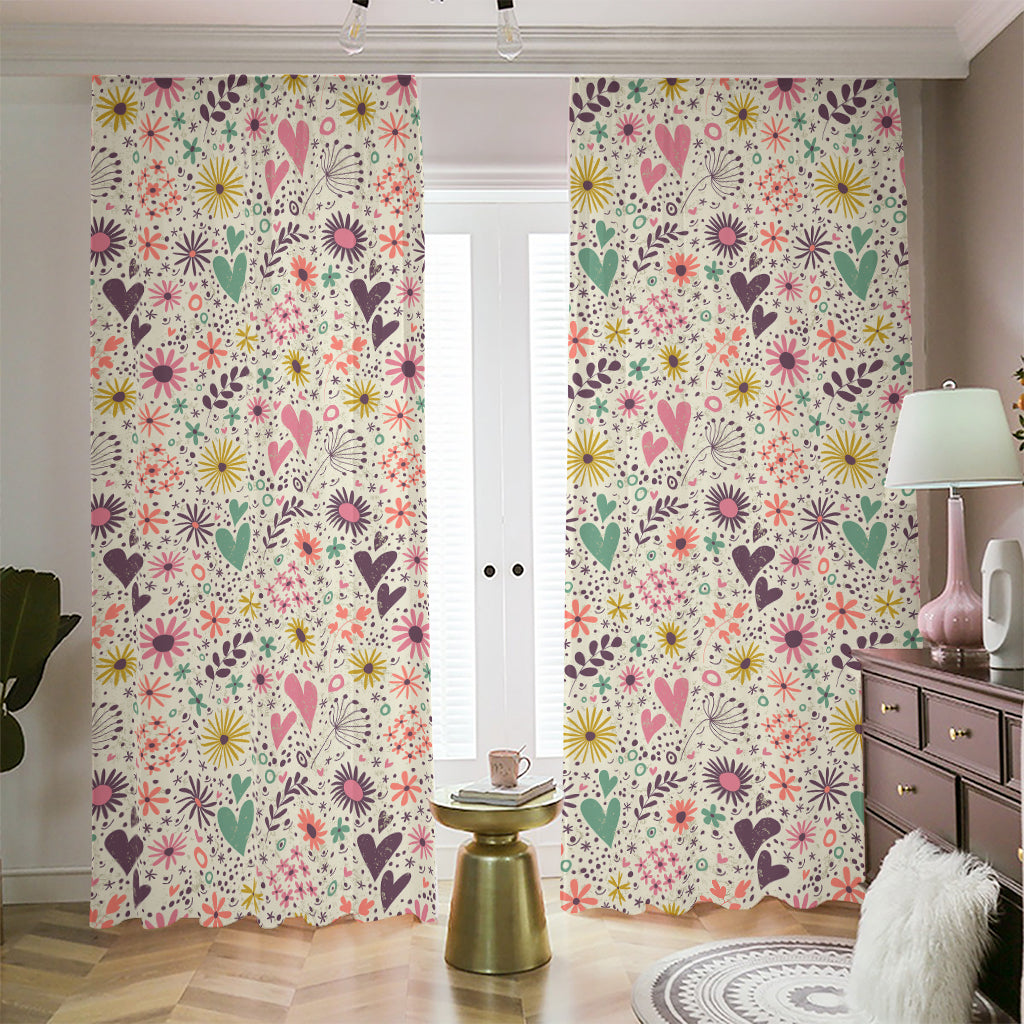 Girly Heart And Flower Pattern Print Blackout Pencil Pleat Curtains