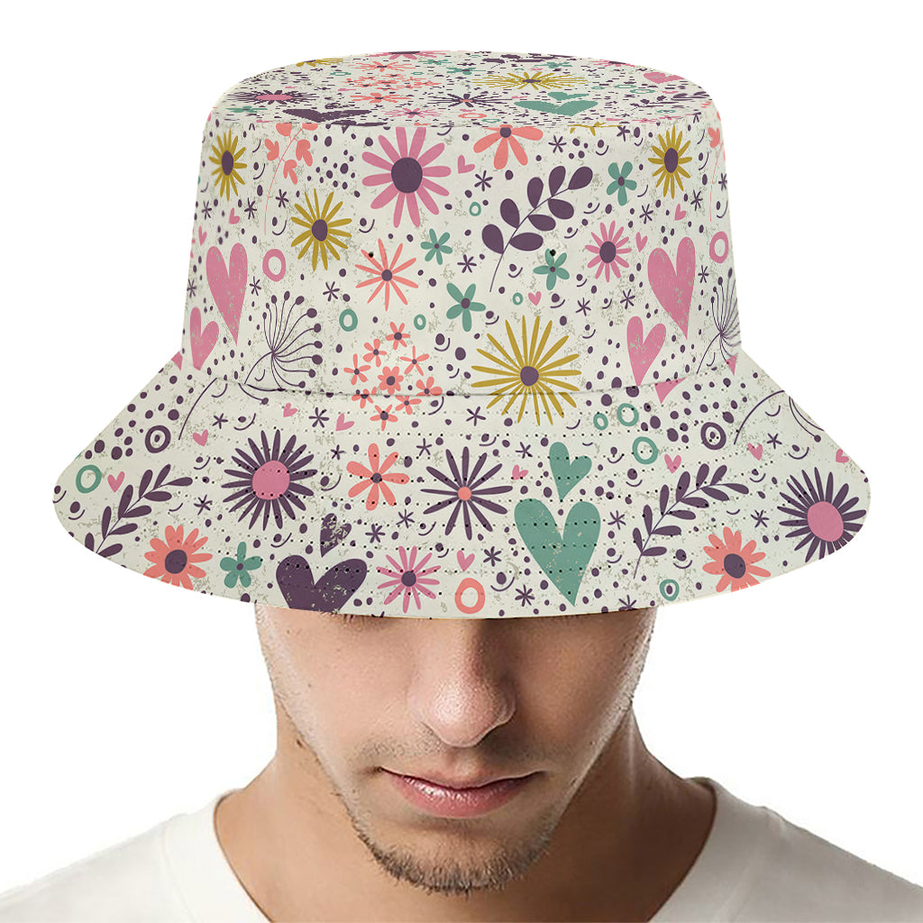 Girly Heart And Flower Pattern Print Bucket Hat