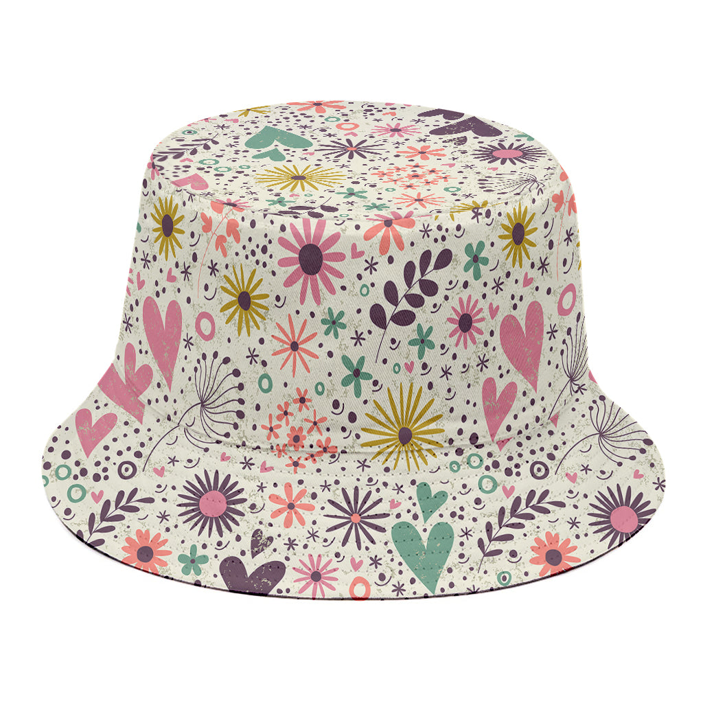 Girly Heart And Flower Pattern Print Bucket Hat