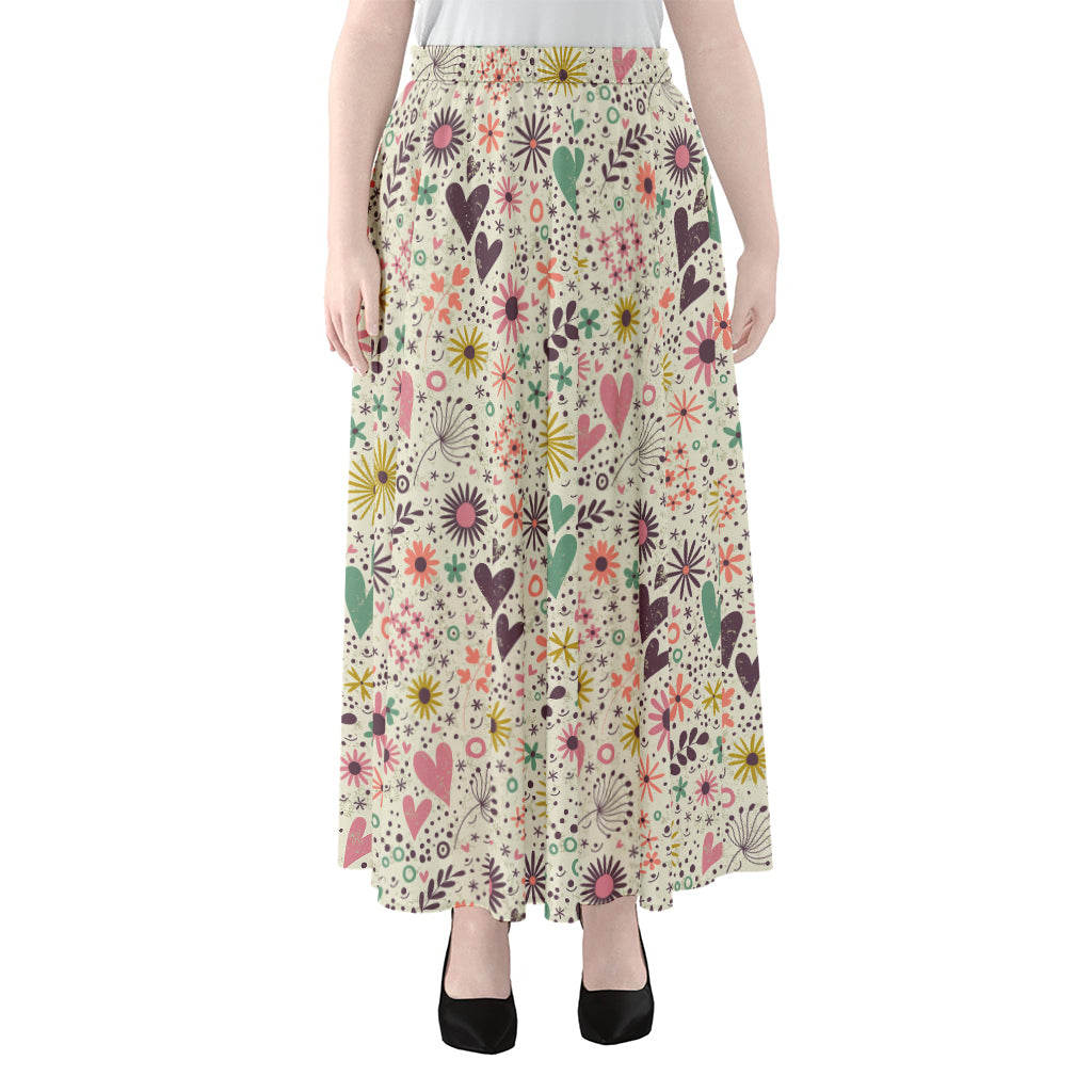 Girly Heart And Flower Pattern Print Chiffon Maxi Skirt